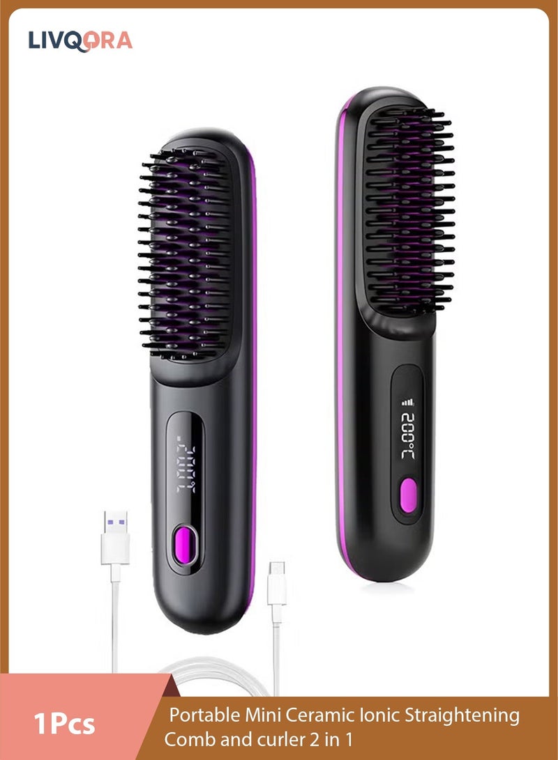 LIVQORA Wireless Hair Straightener Brush, USB Charging,Portable Mini Ceramic Ionic Straightening Comb and curler 2 in 1, Thermal Brush 20s Fast Heating & 3 Temp Settings & Anti-Scald - Image 1