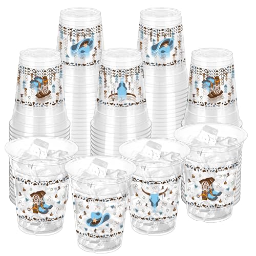 ZCPTZ 100 Pcs Western Cowboy Plastic Cups 12 oz Blue Clear Disposable Party Cups for Baby Shower Birthday Supplies - Image 1