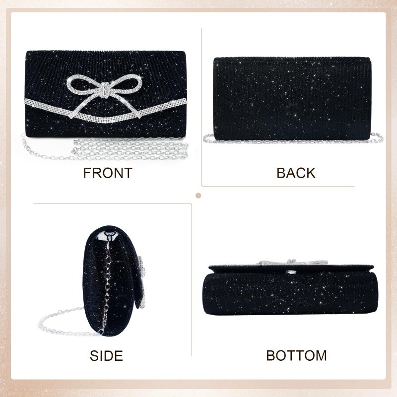Nexellent Evening Bag Clutch Purses for Women,Sparkly Bow Handbags Crossbody Bag Wedding Bag Glitter Rhinestone Party Prom Purse (Black) - Image 4
