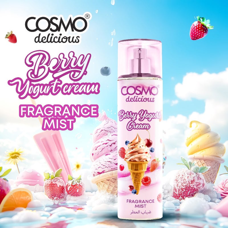 COSMO رذاذ عطر كوزمو لذيذ بنكهة التوت والزبادي الكريمي 250 مل، رائحة التوت الطازج والكريمة المخفوقة، بخاخ جسم فاكهي خفيف، مثالي للاستخدام اليومي، عطر طويل الأمد للنساء والرجال - Image 2