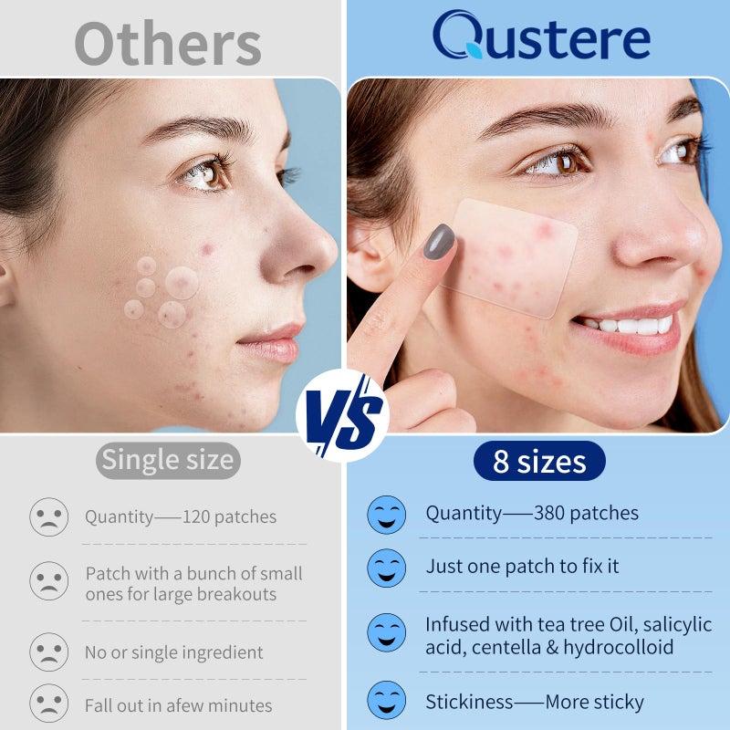 QUSTERE Large Pimple Patches for Face, Hydrocolloid Acne Patches, Big Hydrocolloid Bandages, Variety Shapes Zit Covers, Stickers with Tea Tree, Salicylic Acid & Cica Oil |8 Sizes |380 Count - Image 5