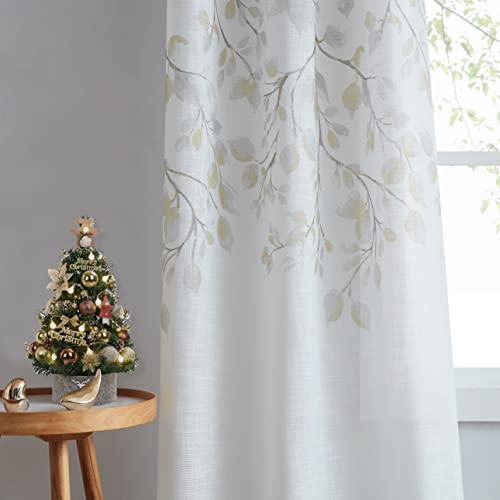 Central Park Leaf Floral Print Metallic Sheer Linen Window Curtain Panel for Rustic Living Room/Bedroom Sparkling Decorative 6 Grommets Top Drape Panels Farmhouse Curtains, Yellow,40" x 84"x2, 2 PK - Image 1