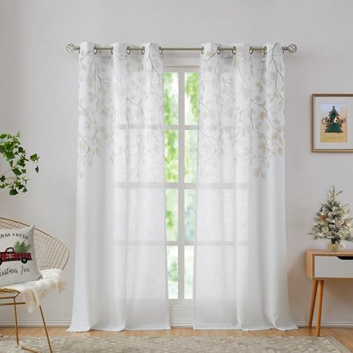 Central Park Leaf Floral Print Metallic Sheer Linen Window Curtain Panel for Rustic Living Room/Bedroom Sparkling Decorative 6 Grommets Top Drape Panels Farmhouse Curtains, Yellow,40" x 84"x2, 2 PK - Image 2