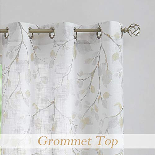 Central Park Leaf Floral Print Metallic Sheer Linen Window Curtain Panel for Rustic Living Room/Bedroom Sparkling Decorative 6 Grommets Top Drape Panels Farmhouse Curtains, Yellow,40" x 84"x2, 2 PK - Image 3