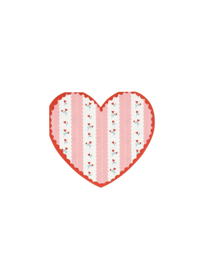 Vintage Rose Heart Napkins - Pack of 16, 3-Ply Paper Napkins with Pink & Red Floral Heart Designs and Ric Rac Borders, Romantic Party Tableware for Valentine's & Celebrations