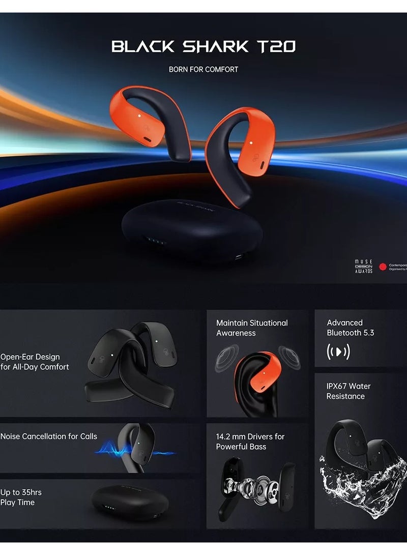 بلاك شارك سماعات الأذن Black Shark T20 بتصميم سماعات أذن لاسلكية مفتوحة، عمر بطارية طويل 35 ساعة، اتصال بلوتوث قوي 5.3، مقاومة للماء IPX67 ومريحة وخفيفة الوزن، الإصدار العالمي 2024 - Image 5