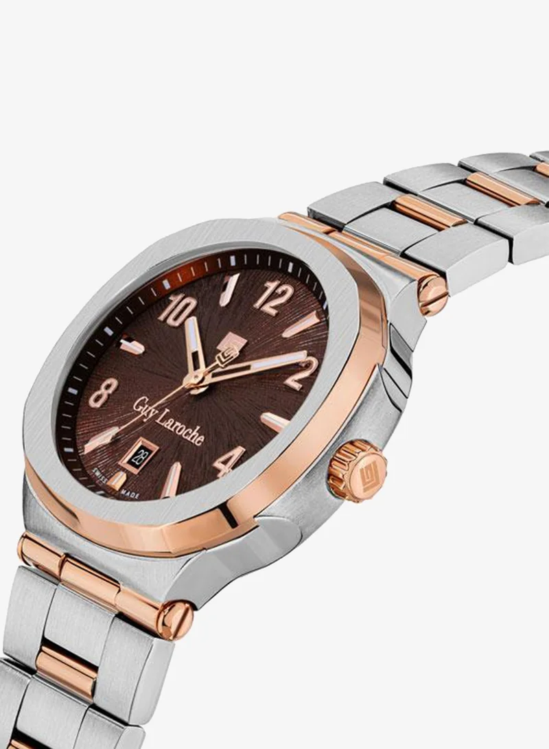 Guy Laroche Charlie 45.5mm Men's Swiss Quartz Watch with Brown Dial & Two-Tone Stainless Steel Bracelet