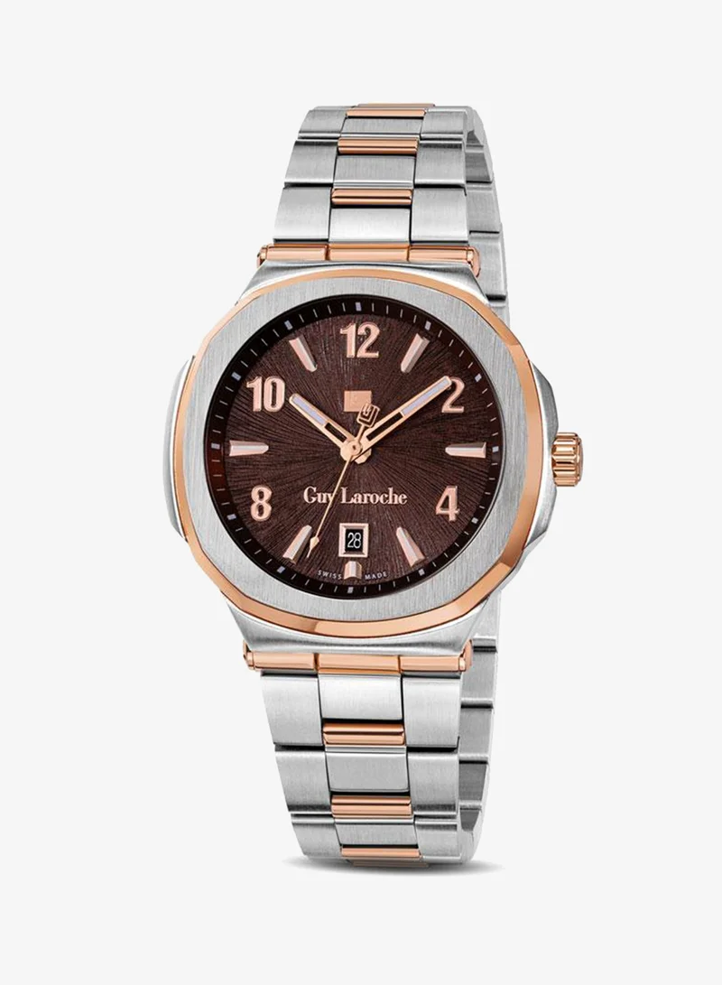 Guy Laroche Charlie 45.5mm Men's Swiss Quartz Watch with Brown Dial & Two-Tone Stainless Steel Bracelet