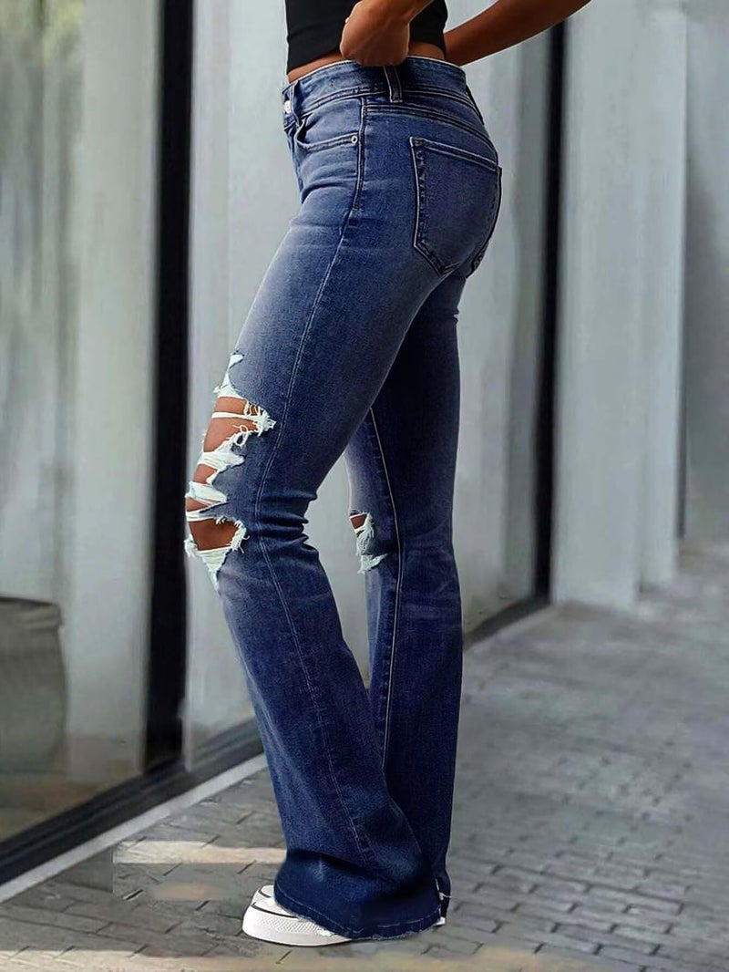 Flamingals Women's Bell Bottom Jeans Flared Ripped Stretchy Mid Rise Cut Out Distressed Denim Bootcut Jeans Navy Blue XL - Image 2