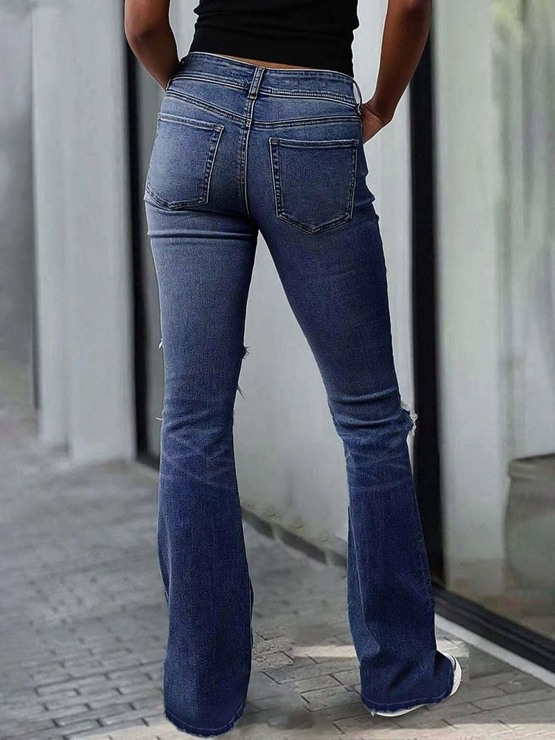 Flamingals Women's Bell Bottom Jeans Flared Ripped Stretchy Mid Rise Cut Out Distressed Denim Bootcut Jeans Navy Blue XL - Image 3