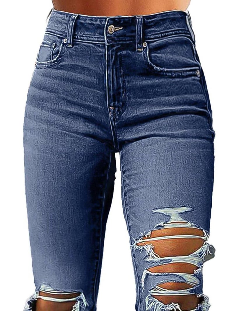 Flamingals Women's Bell Bottom Jeans Flared Ripped Stretchy Mid Rise Cut Out Distressed Denim Bootcut Jeans Navy Blue XL - Image 4