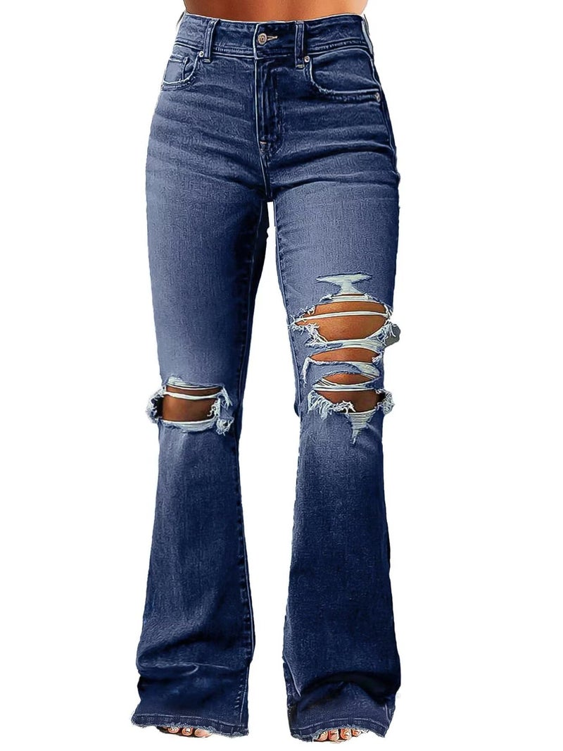 Flamingals Women's Bell Bottom Jeans Flared Ripped Stretchy Mid Rise Cut Out Distressed Denim Bootcut Jeans Navy Blue XL - Image 1