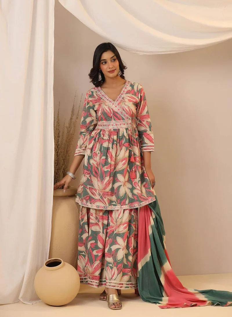 آي شين Women Green Cotton Kurta set with Dupatta