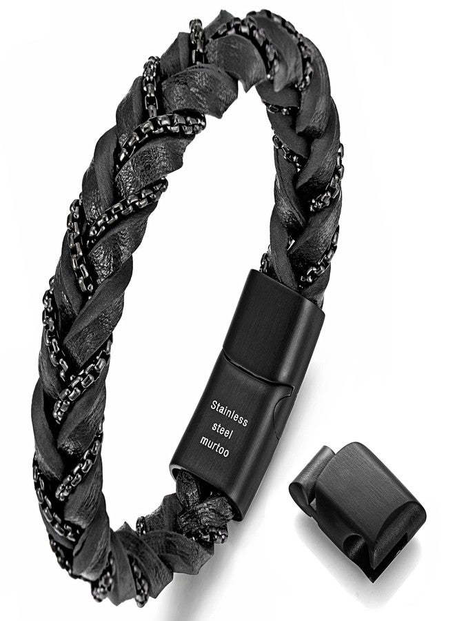 murtoo “Shackles of Freedom” Bracelets for Men, Mens Braided Leather Bracelets with Steel Chains and Magnetic Clasp, Stylish Gift for Men (Black, 7.5 inch) - Image 1