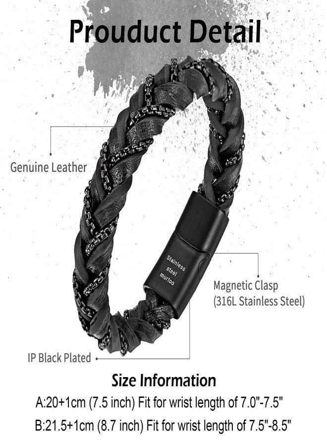 murtoo “Shackles of Freedom” Bracelets for Men, Mens Braided Leather Bracelets with Steel Chains and Magnetic Clasp, Stylish Gift for Men (Black, 7.5 inch) - Image 2