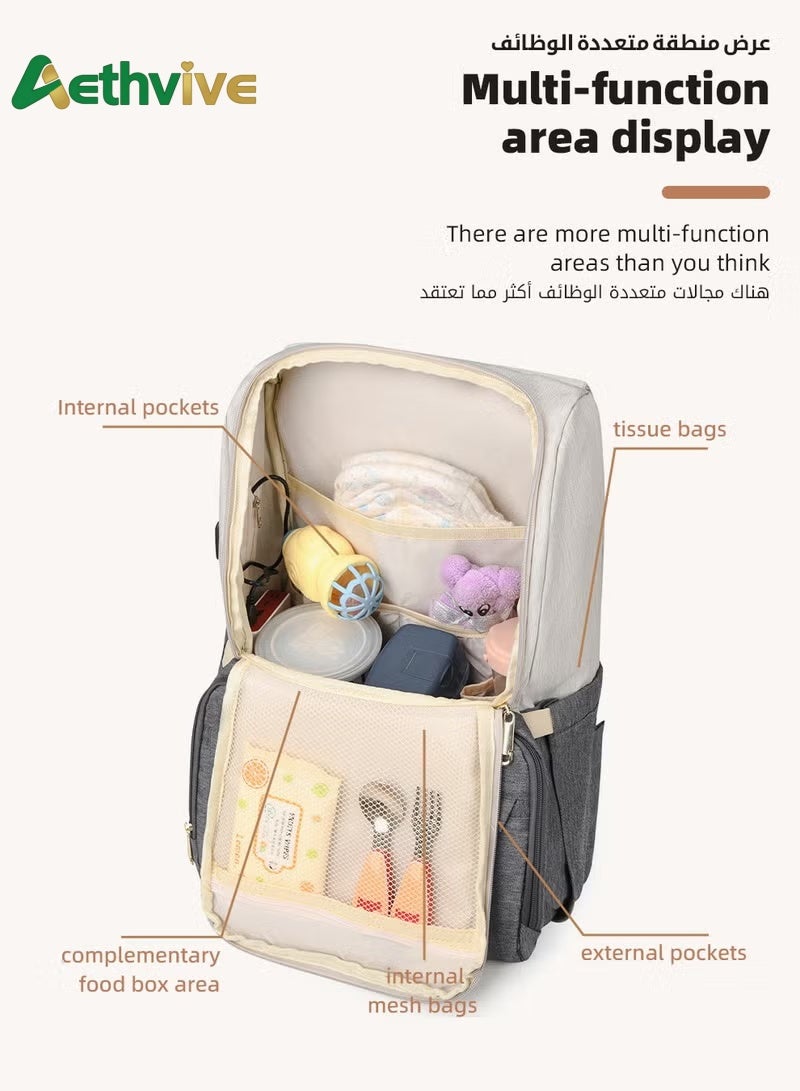 Aethvive Baby Diaper Bag Backpack, Multifunctional Diapers Changing Backpacks, Waterproof  Nappy/Nursing Bags, Fashion Mommy Backpack with Portable Change Mat and USB Charge Port, Large Capacity, for Newborn Mother/Father - Image 5