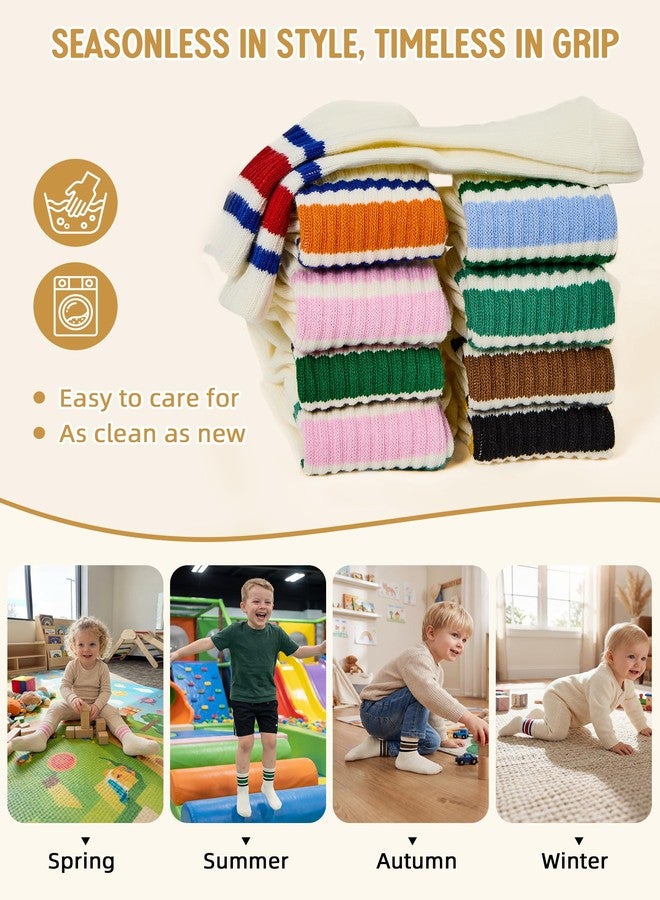 Durio Toddler Grip Socks for Girls Boys - Soft Cotton Blend Non Slip Socks with Grip Dots, Retro Stripe Sporty Baby Crew Sock, 6 Pairs Mix 1, 3-5 years - Image 5