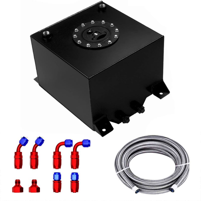 5 Gallon Fuel Cell 20L Universal Gas Tank Aluminum Polished Racing Drift Fuel Tank with Level Sender 6AN 12FT Fuel Line Kit Quick Release Fuel Cap Black