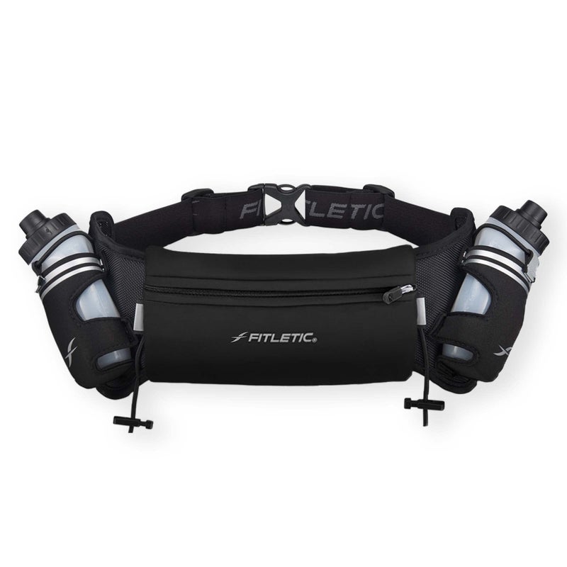 Fitletic Hydration Running Belt With Water Bottles For Men & Women â€“ 2 Quick Flow 8oz Running Water Bottles, Patented Bounce Free Design, Water Resistant Pouch Fits All Phones â€“ Hydra 16 - Image 1