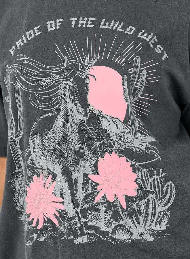 Styli Acid Washed Graphic Print Oversized T-Shirt