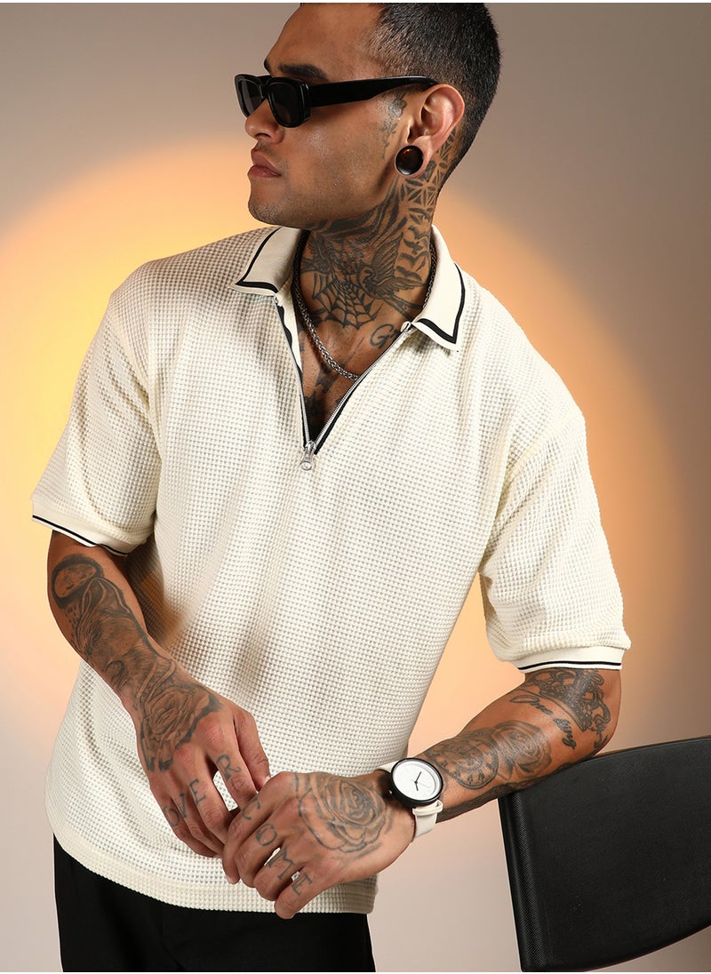 Campus Sutra Men's Daisy White Micro-Waffle Polo T-Shirt  - Image 1