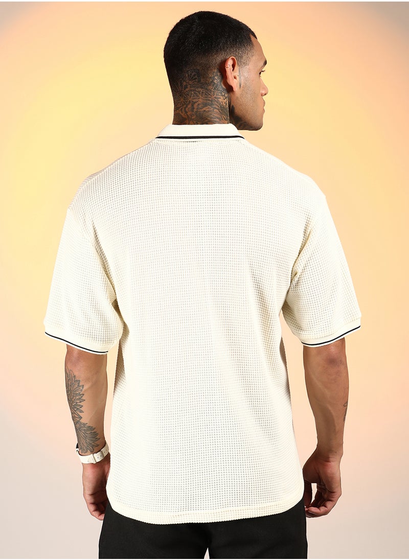 Campus Sutra Men's Daisy White Micro-Waffle Polo T-Shirt  - Image 5