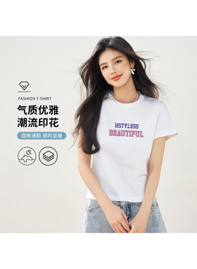 Hstyle Women's Round Neck Short Sleeve T-shirt 2025 Summer Thin Casual Top small Batch Fashion Print Tee versatile Everyday Wear - Image 2