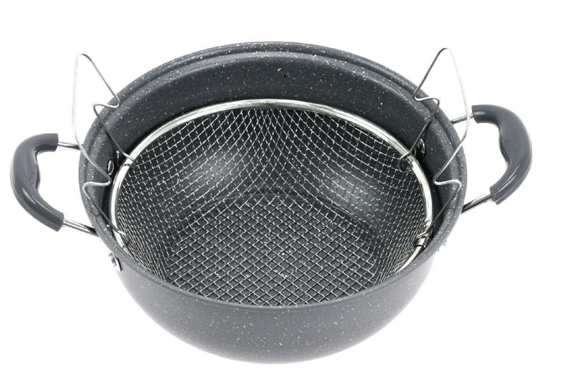 MUGATH Deep Frying Pan With Strainer Basket For Frying French Fries/Chicken Wings/Shrimp/Fish/Boiling Butter/Sauce/Gravies/Pasta | Stir Fry Pan with Glass Lid for Sauté,Curries,Searing (24 cm) - Image 3