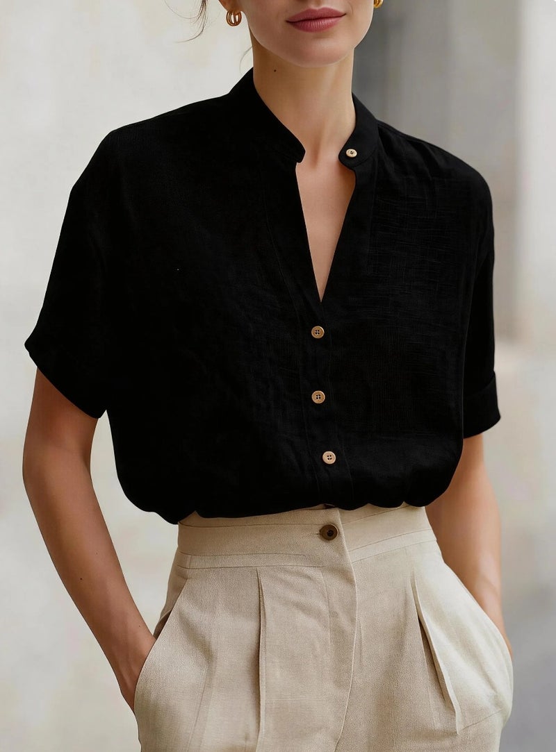 Women's V-Neck Short Sleeve Linen Shirt Casual Blouse Top - Image 2