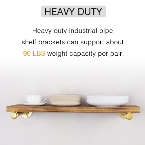 OVOV Gold Industrial Pipe Shelf Brackets Heavy Duty Pipe Floating Shelf Bracket Rustic Wall Mounted Shelving Support for Wood Board (8 Inch 4 Pack) - Image 5
