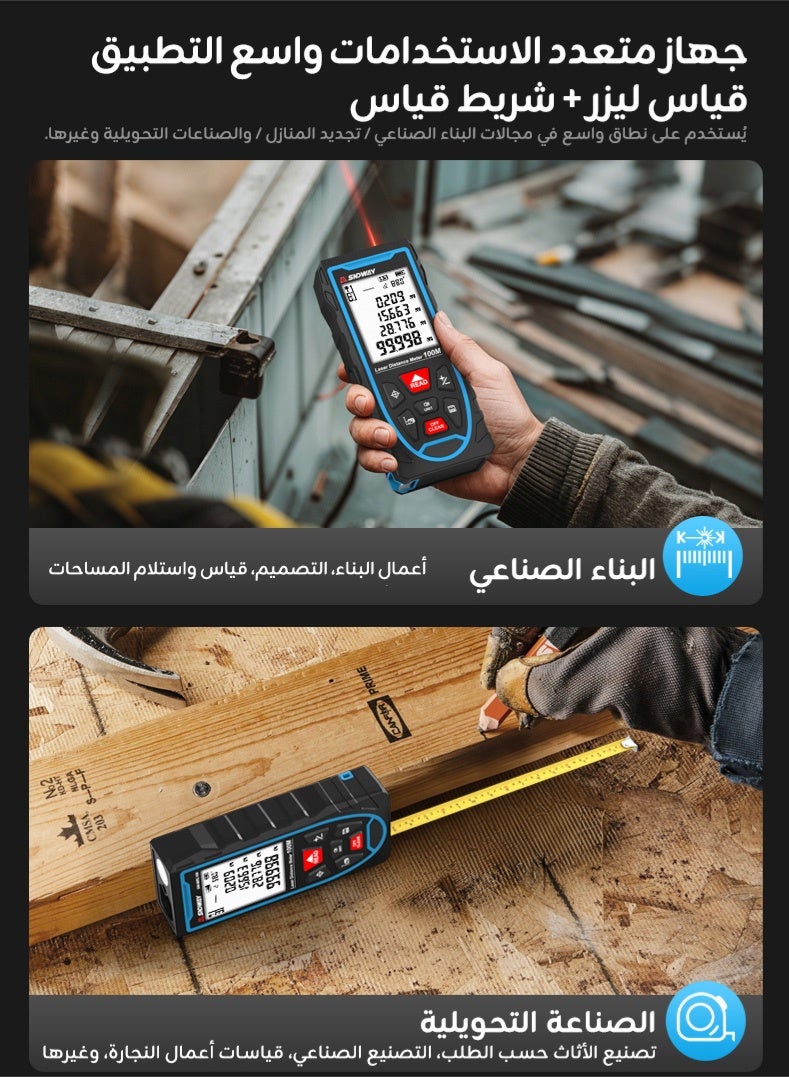 إس إن دي واي أداة قياس بالليزر بطول 120 متر، أداة قياس ليزرية، دقة ±1/10 بوصة، تحويل وحدات بالمتر/بوصة/قدم، شاشة LCD مضاءة ومن وضع فيثاغورث، قابلة لإعادة الشحن عبر USB لقياس المسافة والمساحة والحجم - Image 3