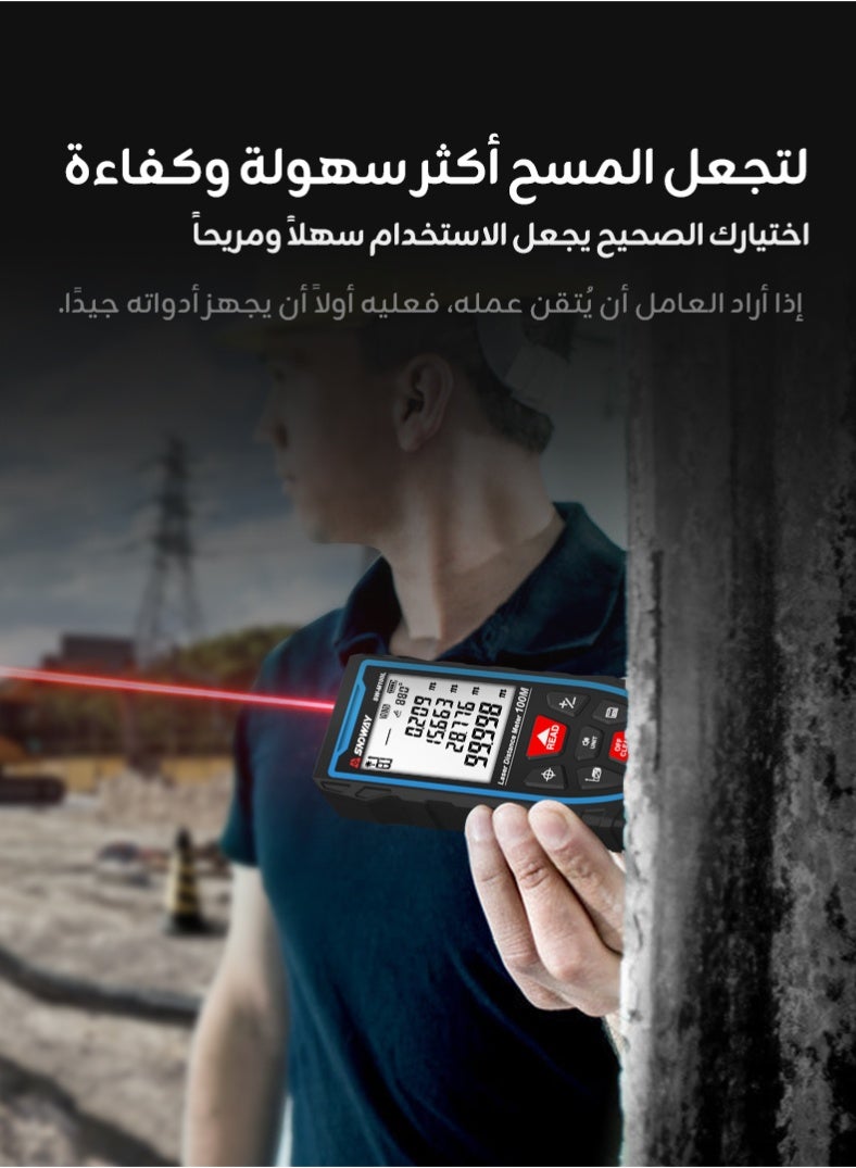 إس إن دي واي أداة قياس بالليزر بطول 120 متر، أداة قياس ليزرية، دقة ±1/10 بوصة، تحويل وحدات بالمتر/بوصة/قدم، شاشة LCD مضاءة ومن وضع فيثاغورث، قابلة لإعادة الشحن عبر USB لقياس المسافة والمساحة والحجم - Image 4