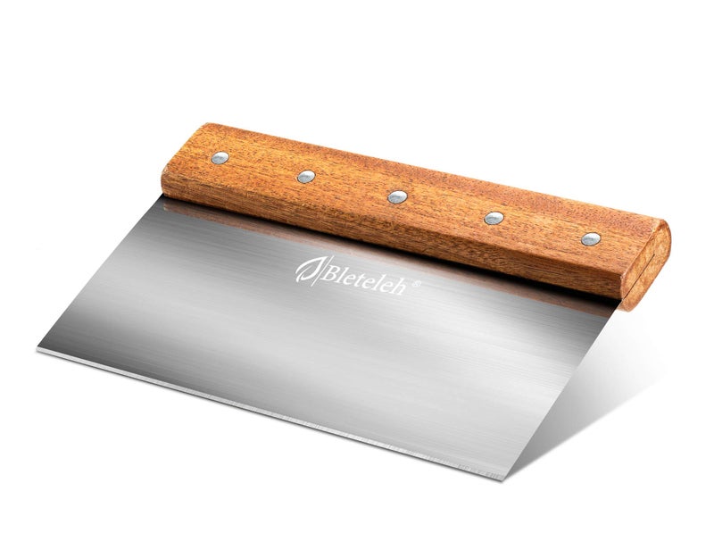 Bleteleh 8inch Long BenchDough Scraper Stainless Steel Blade Commercial Kitchen Tool with Wooden Handle 8inch Long