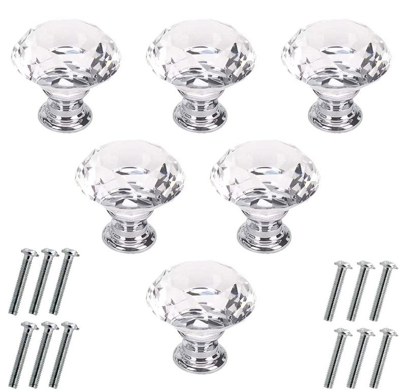 Akstore 6 Pcs Crystal Glass Cabinet Knobs 30mm Diamond Shape Drawer Kitchen Cabinets Dresser Cupboard Wardrobe Pulls Handles (30mm, Clear) - Image 1