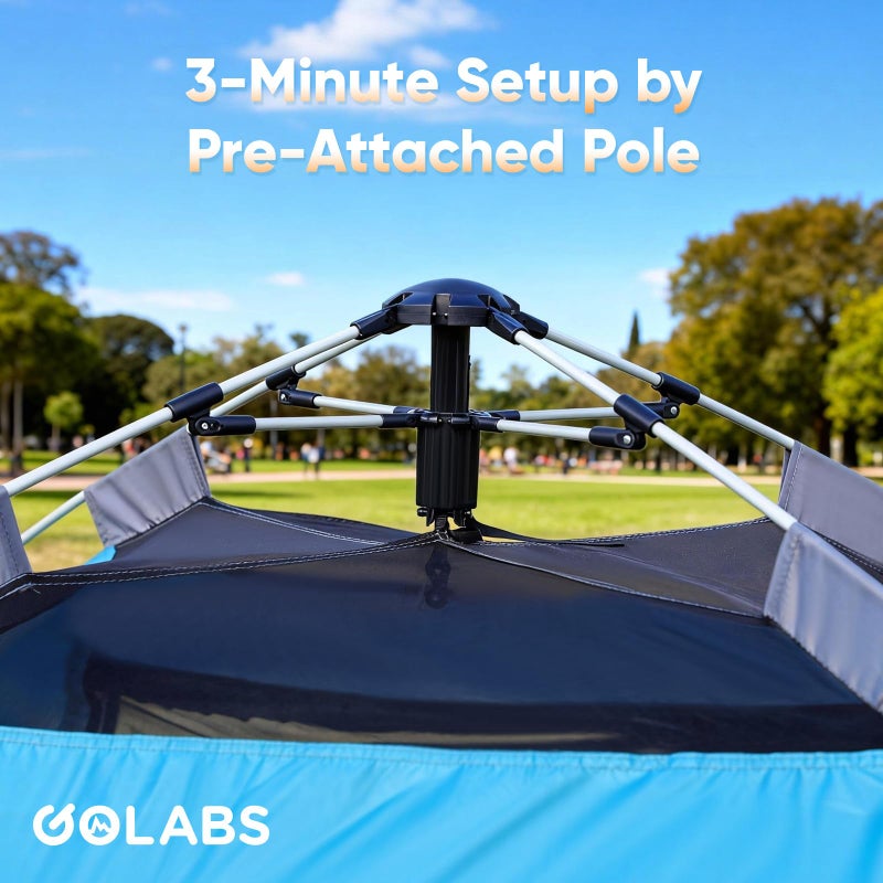 Golabs 2-3 Person Camping Tent w/ 9.5x8.5 ft Canopy, 3-Minute Setup by Pre-Attached Pole, PU1500mm Waterproof, 4 Side Mesh Tent Top & Door & Ventilation, Portable Family Tent w/Carry Bag&Pocket &Hook - Image 2