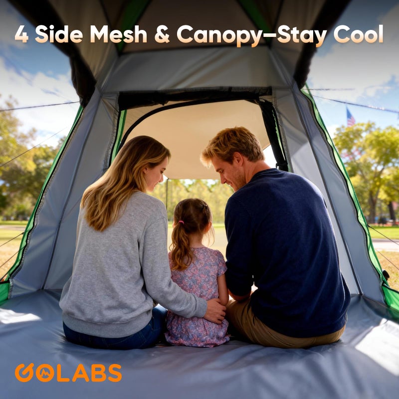 Golabs 2-3 Person Camping Tent w/ 9.5x8.5 ft Canopy, 3-Minute Setup by Pre-Attached Pole, PU1500mm Waterproof, 4 Side Mesh Tent Top & Door & Ventilation, Portable Family Tent w/Carry Bag&Pocket &Hook - Image 5