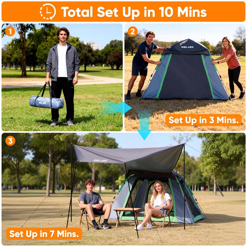 Golabs 2-3 Person Camping Tent w/ 9.5x8.5 ft Canopy, 3-Minute Setup by Pre-Attached Pole, PU1500mm Waterproof, 4 Side Mesh Tent Top & Door & Ventilation, Portable Family Tent w/Carry Bag&Pocket &Hook - Image 3