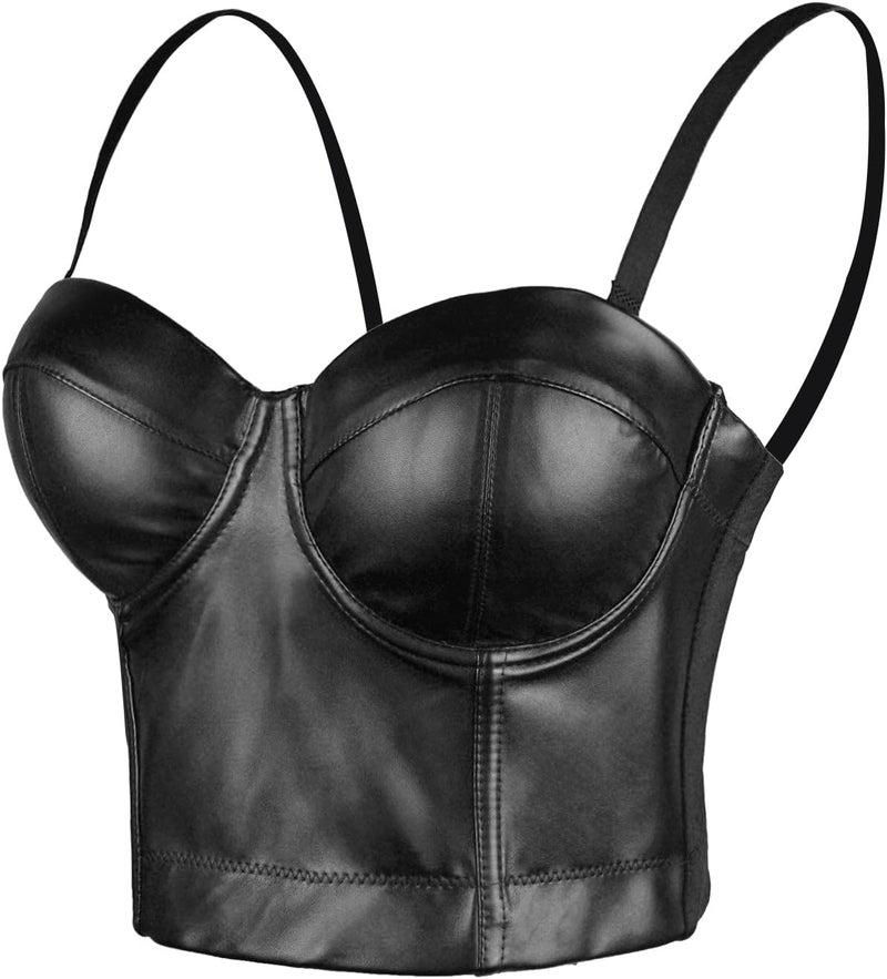ELLACCI PU Leather Bustier Crop Top Gothic Punk Push Up Women's Corset Top Bra Black - Image 1
