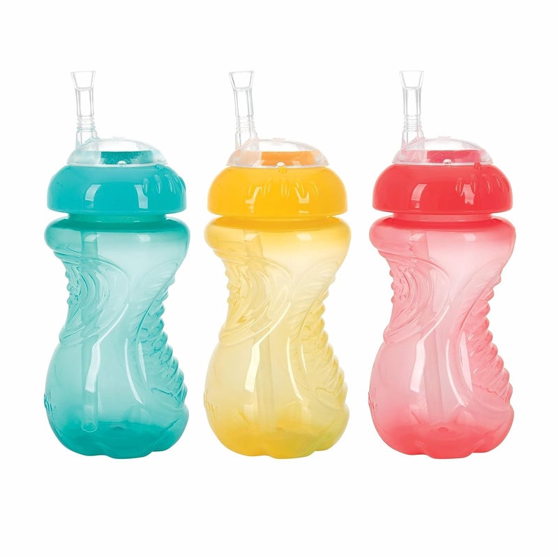 Nuby 3 Pack No Spill Flex Straw Toddler Sippy Cups - Toddler Cups Spill Proof with Easy and Firm Grip - Aqua, Yellow, Coral - Image 1