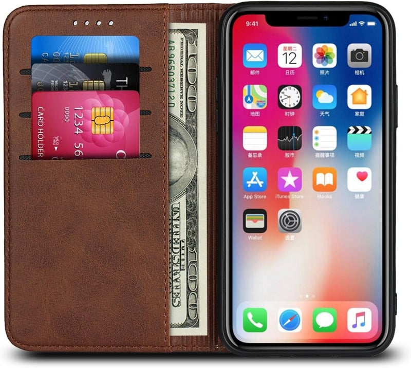 iCoverCase for iPhone XR Wallet Case with Card Holder, PU Leather Magnetic Kickstand Feature Shockproof Protective Flip Cover Case - Dark Brown - Image 2