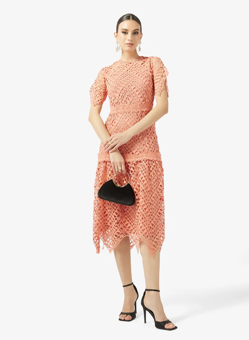 Frock And Frill  Crochet Detailed Short Sleeve Midi Dress for Women | Best Price UAE