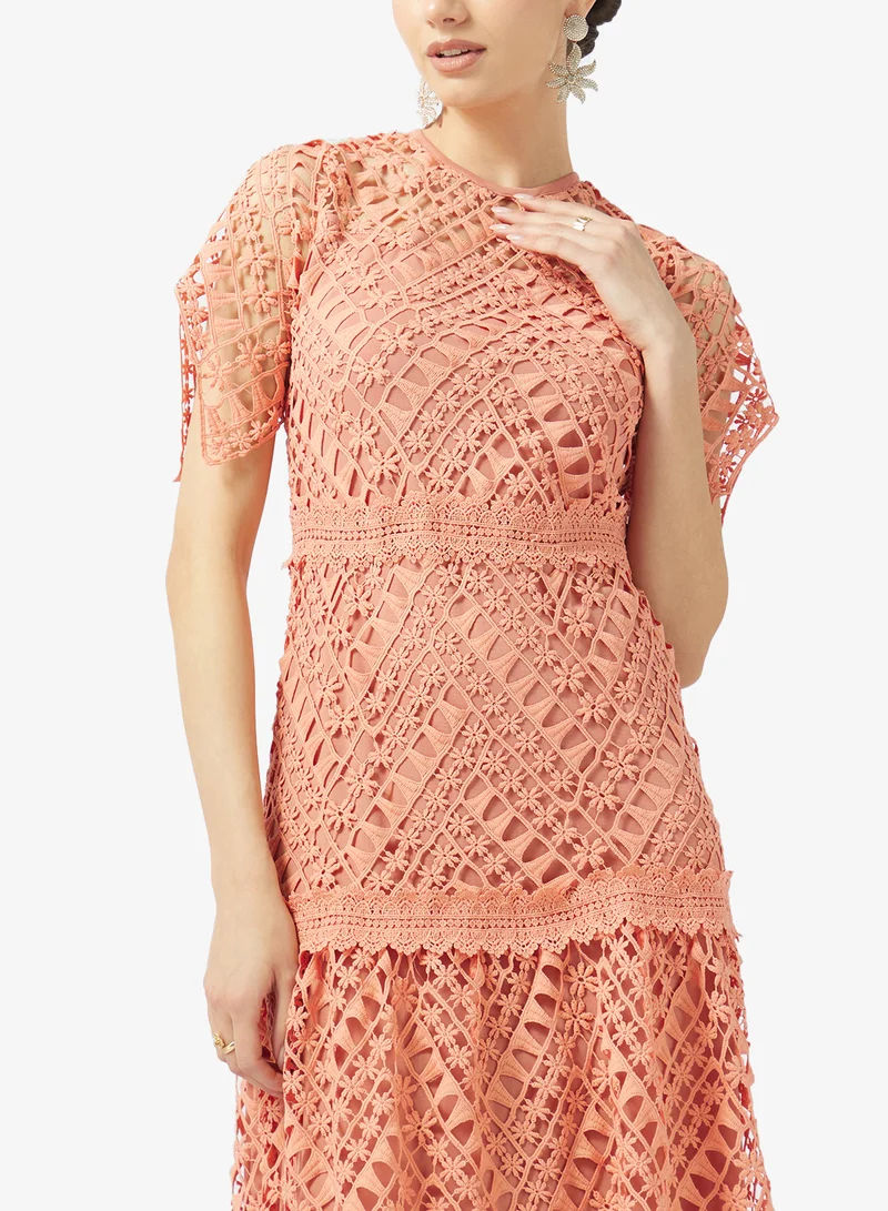 Frock And Frill  Crochet Detailed Short Sleeve Midi Dress for Women | Best Price UAE