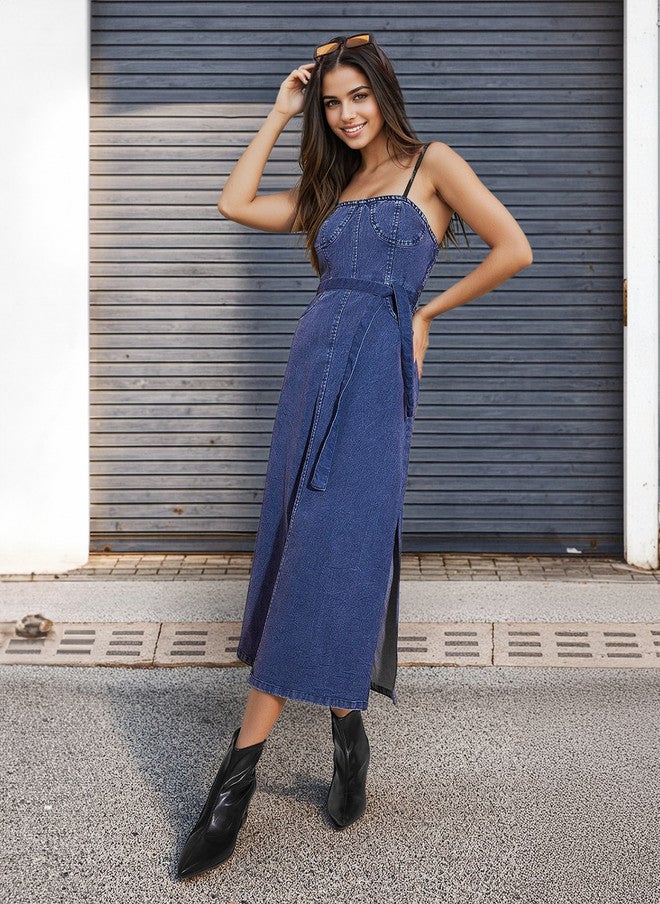 StyleStone فستان ميدي A-Line دنيم مزين بأشرطة كتف زرقاء من ستايل ستون - Image 1