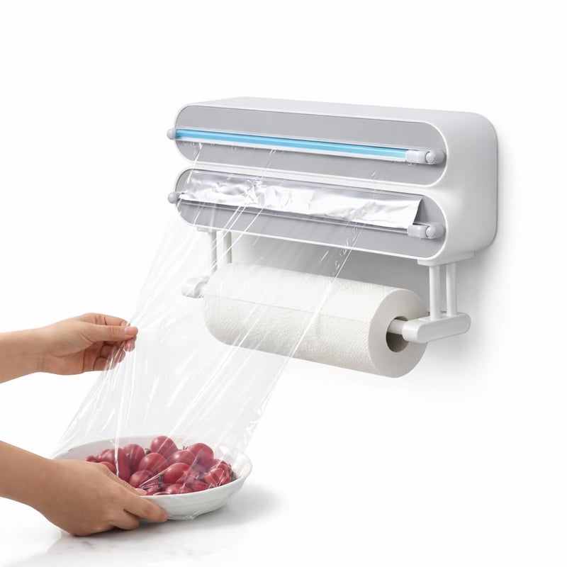 Yivinow Magnetic Wrap Dispenser with Cutter, 3-in-1 Kitchen Organizer for Plastic Wrap, Aluminum Foil & Paper Towel Holder, Sliding Cutter, Fridge or Wall Mount Storage, Includes Plastic Wrap and Foil - Image 1