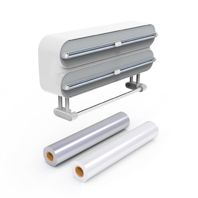 Yivinow Magnetic Wrap Dispenser with Cutter, 3-in-1 Kitchen Organizer for Plastic Wrap, Aluminum Foil & Paper Towel Holder, Sliding Cutter, Fridge or Wall Mount Storage, Includes Plastic Wrap and Foil - Image 2