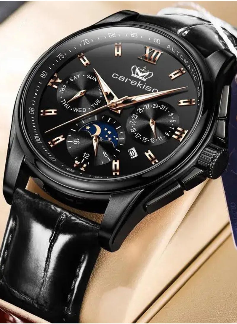 carekiso Men’s Quartz Black Leather Black Dial Watch 40mm  - Image 2