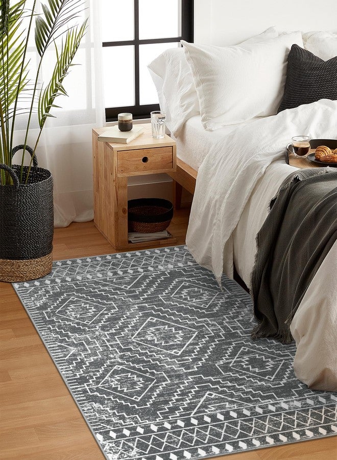 Wonnitar Moroccan 3x5 Washable Area Rug, Boho Living Room Rug, Non-Slip Farmhouse Rustic Bedroom Throw Mat, Non-Shedding Soft Geometric Floor Carpet for Kitchen Entry Office (Dark Grey,3'x5') - Image 5