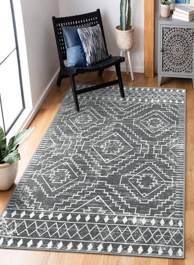 Wonnitar Moroccan 3x5 Washable Area Rug, Boho Living Room Rug, Non-Slip Farmhouse Rustic Bedroom Throw Mat, Non-Shedding Soft Geometric Floor Carpet for Kitchen Entry Office (Dark Grey,3'x5') - Image 1