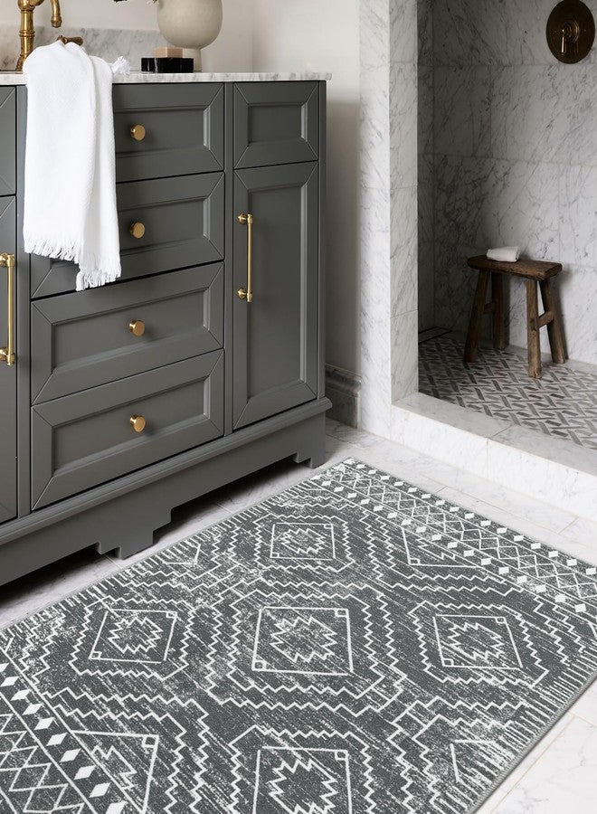 Wonnitar Moroccan 3x5 Washable Area Rug, Boho Living Room Rug, Non-Slip Farmhouse Rustic Bedroom Throw Mat, Non-Shedding Soft Geometric Floor Carpet for Kitchen Entry Office (Dark Grey,3'x5') - Image 4