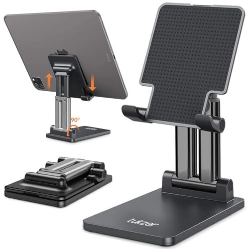 Tukzer Universal Tablet Tabletop Stand Mobile Holder| Dual Poles Heavy Base Aluminum, Foldable, Multi-Angle Height Adjustable Stand for iPad Tablets Smartphones E-Book Readers Up to 15.6 inc Jet Black - Image 1